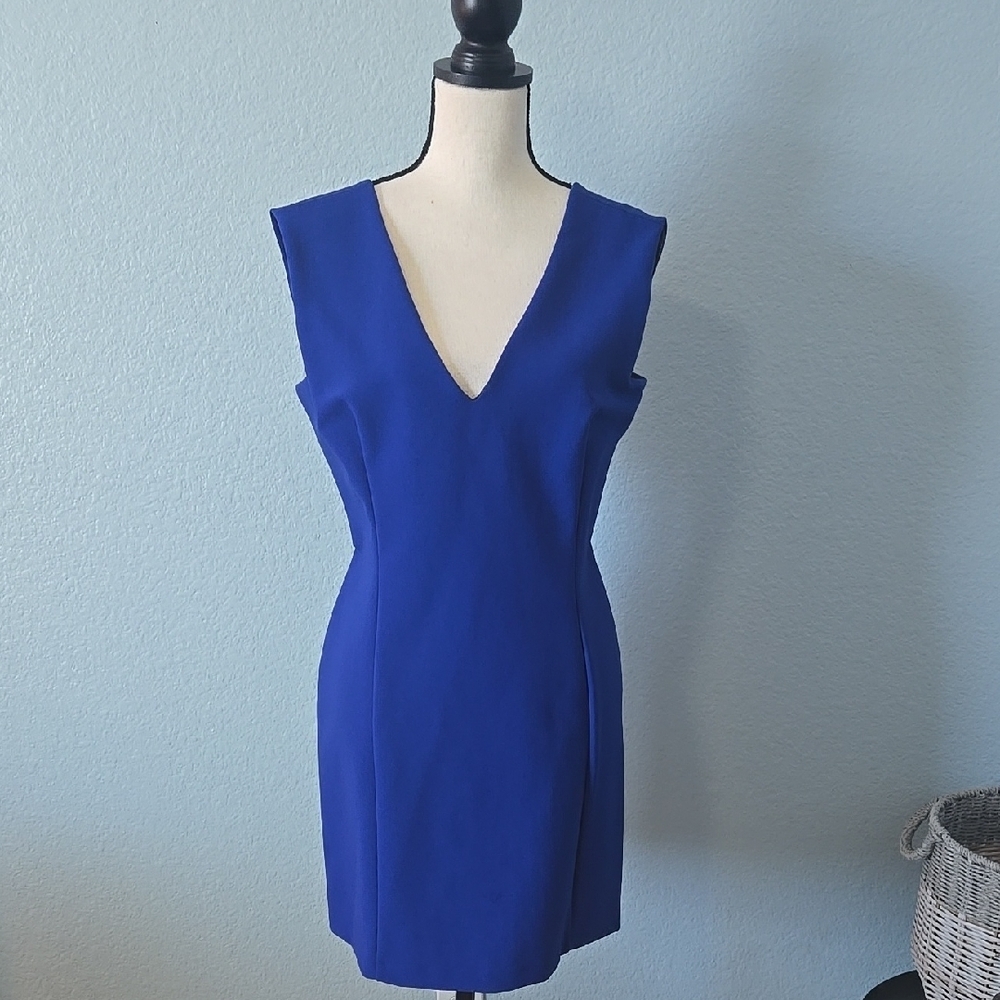 ZARA WOMAN Royal Blue Mini Dress Back Zip Sleeveless Deep V Neck & Back Sz Large